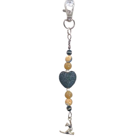 Artisan Beaded Diffuser Purse Charm Jade Lava Stone Keychain Kitty Cat Gemstone - Picture 1 of 11